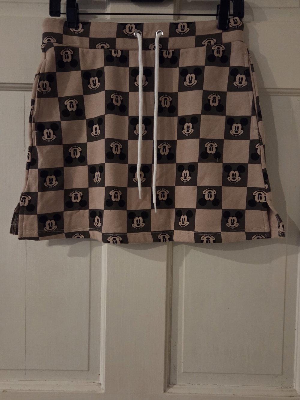 Disney Beige and Black Checkerboard Mickey Drawstring Mini Skirt